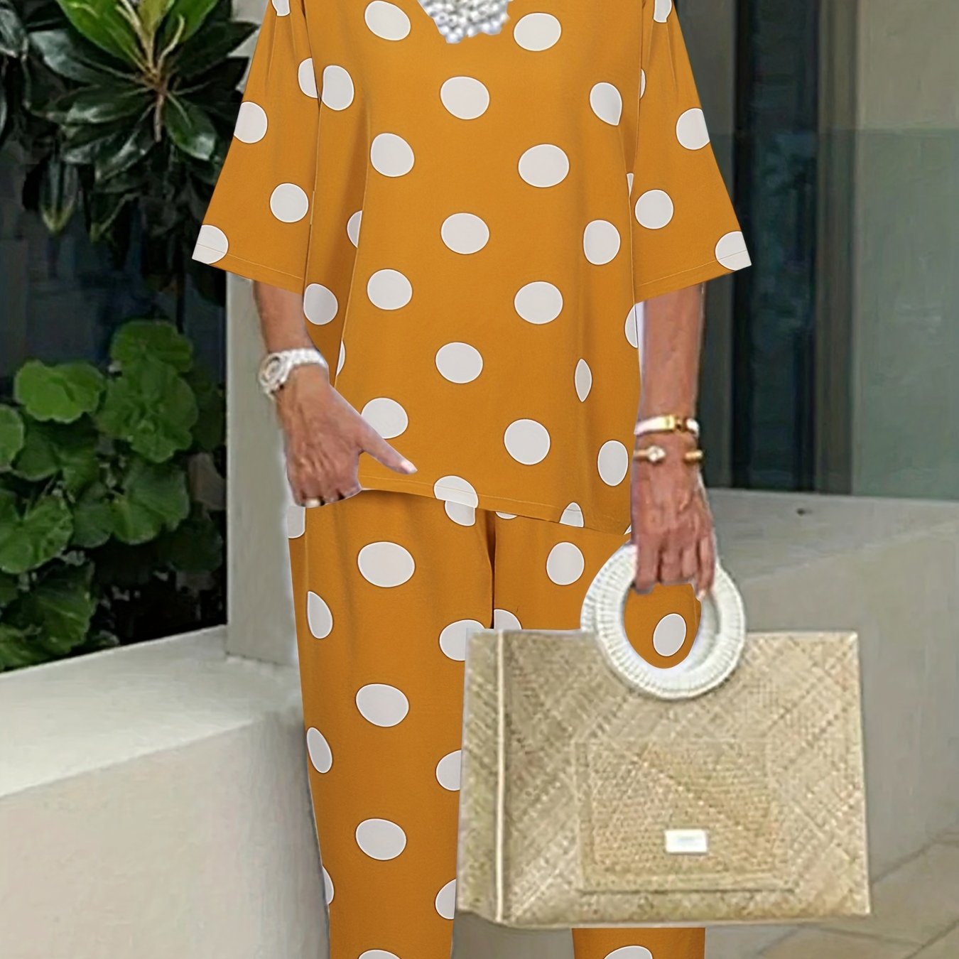 Women's Plus Polka Dot Tee & Pants 2pcs Set