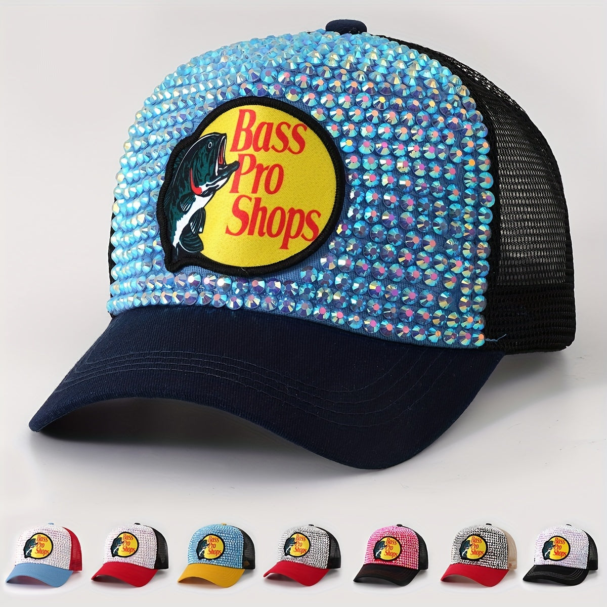 Fish Printed Patch Baseball Cap Rhinestone Block Mesh Breathable Trucker Hat