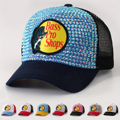 Fish Printed Patch Baseball Cap Rhinestone Block Mesh Breathable Trucker Hat