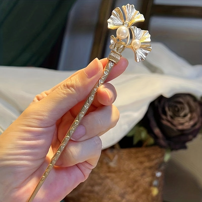 Vintage Ginkgo Leaf Hairpin Faux Pearl Hair Stick