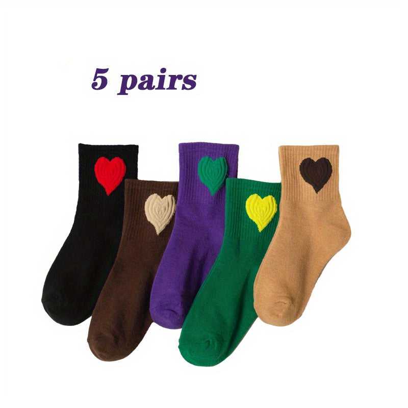 5prs Kids Retro Love Crew Socks Breathable Sweat Absorption All Seasons Socks