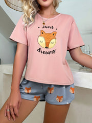 Fox & Letter Print Pajama Set Short Sleeve Top & Shorts