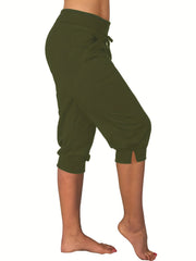 Solid Drawstring Split Cropped Pants Casual Pants For Spring & Summer