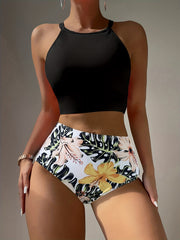 Colorblock Tropical Print Bikini Sets Round Neck High Waist Two Pieces Swimsuit