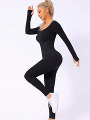 Long Sleeve Quick Drying Jumpsuit Solid Ribbed Sports Yoga Jumpsuit
