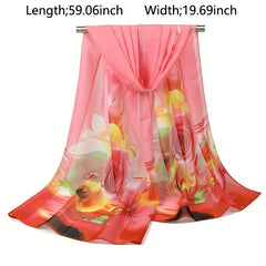 Rose Printed Chiffon Silky Scarf Long Shawl Beach Scarf