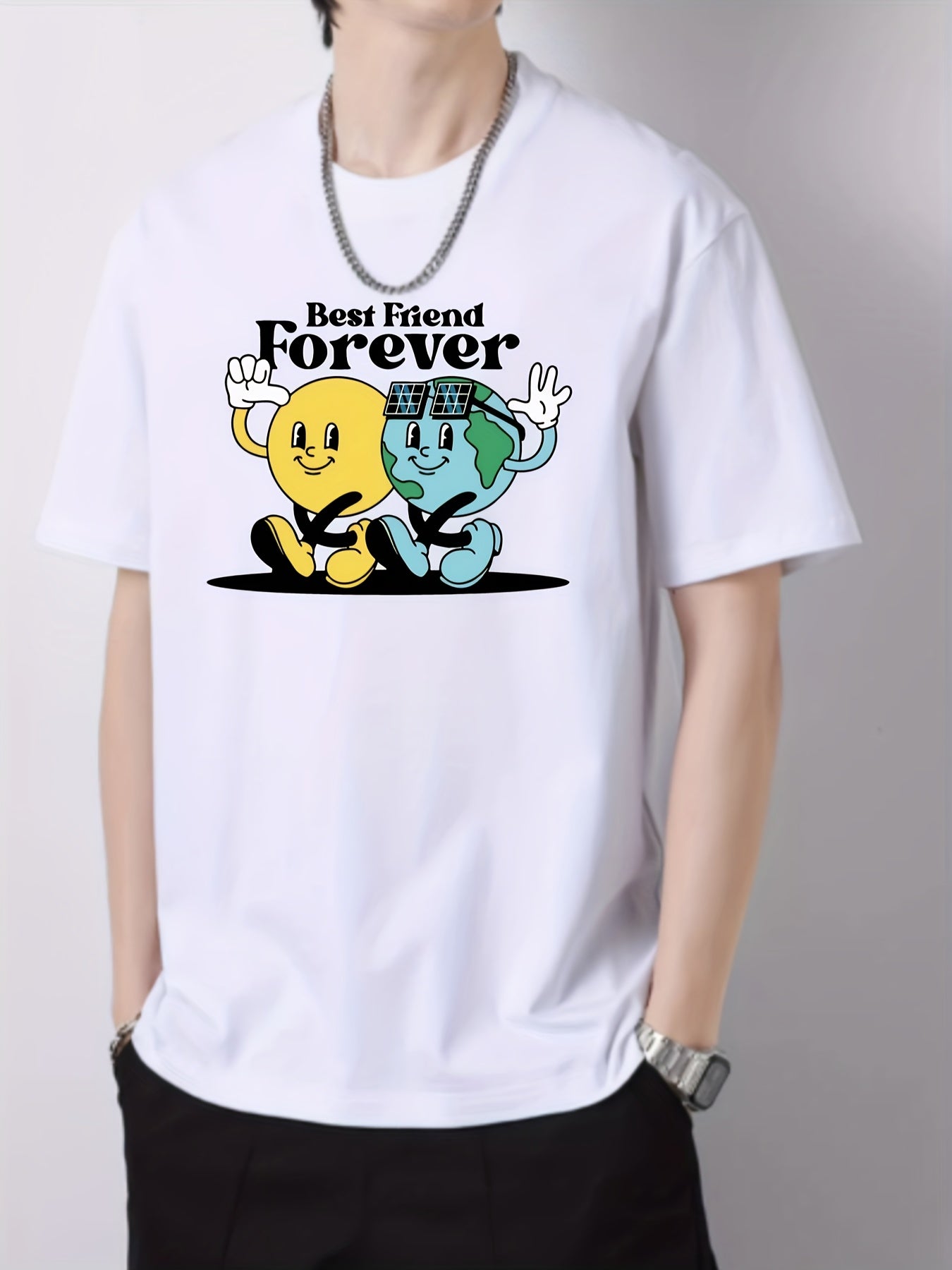 Cartoon Planets Print Men's Cotton Graphic Crew Neck Active T shirt