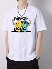 Cartoon Planets Print Men's Cotton Graphic Crew Neck Active T shirt