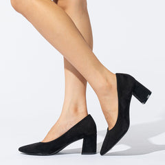 Point Toe Suedette Court Pumps Chunky Heeled Pumps