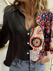 Colorblock Floral Print Button Up Blouse