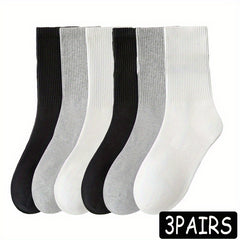 3 Pairs Solid Crew Socks Breathable Mid Tube Women's Stockings