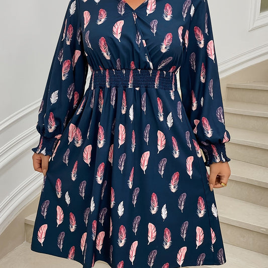 Casual Dress Women's Plus Feather Print V Neck Dress