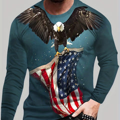 3D Eagle & Flag Print Men's Graphic Crew Neck Long Sleeve Tee