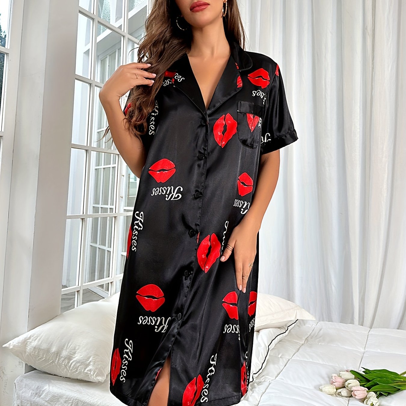 Red Lips Print Nightdress Short Sleeve Sleep Dress Women's Sleepwear