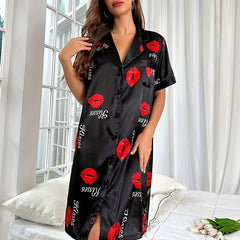 Red Lips Print Nightdress Short Sleeve Sleep Dress Women's Sleepwear