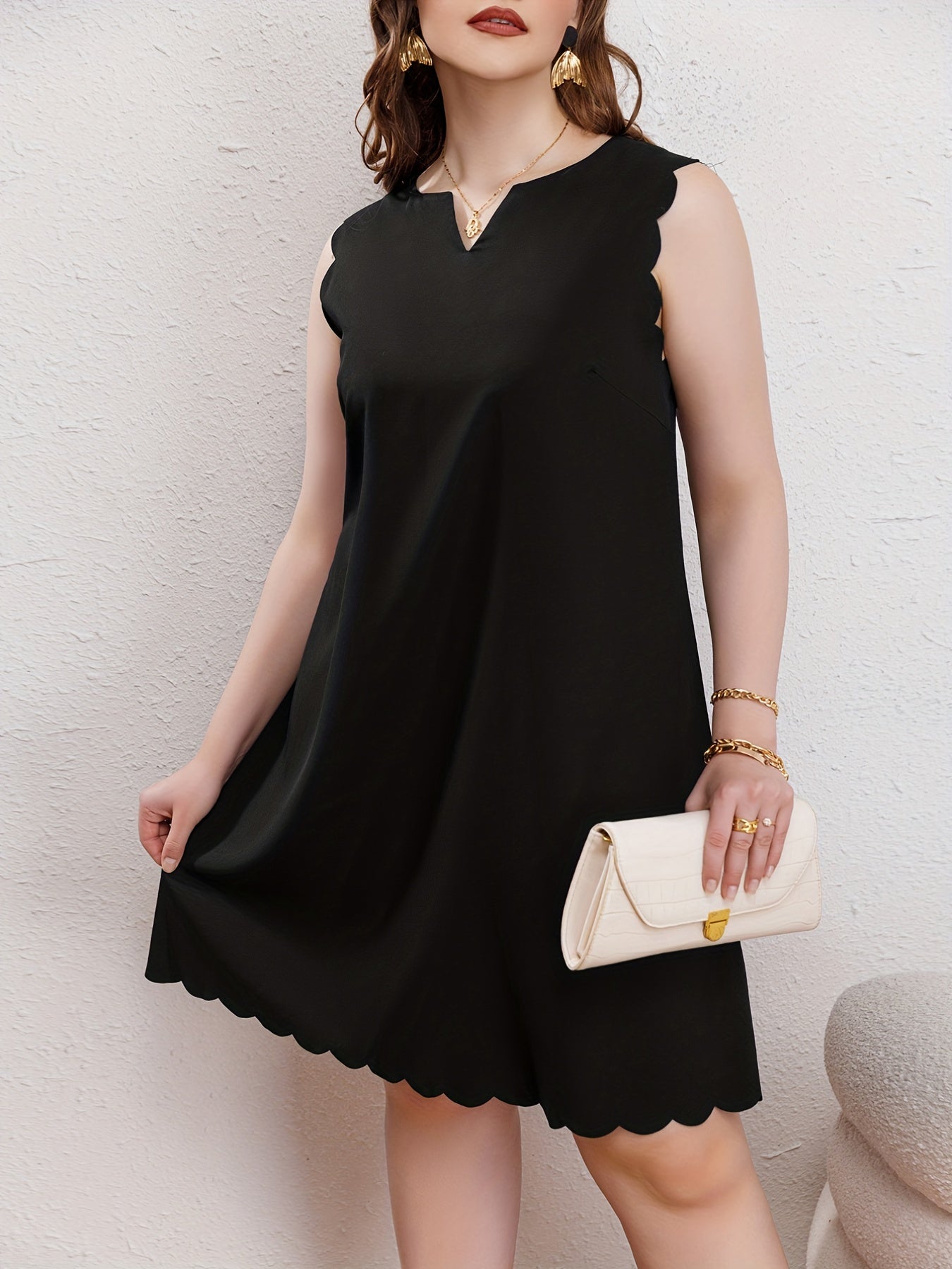Cap Sleeve Scallop Trim Notched Neck Mini Dress