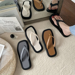 Women's Square Toe Flat Flip Flops Non Slip Indoor Outdoor Slides