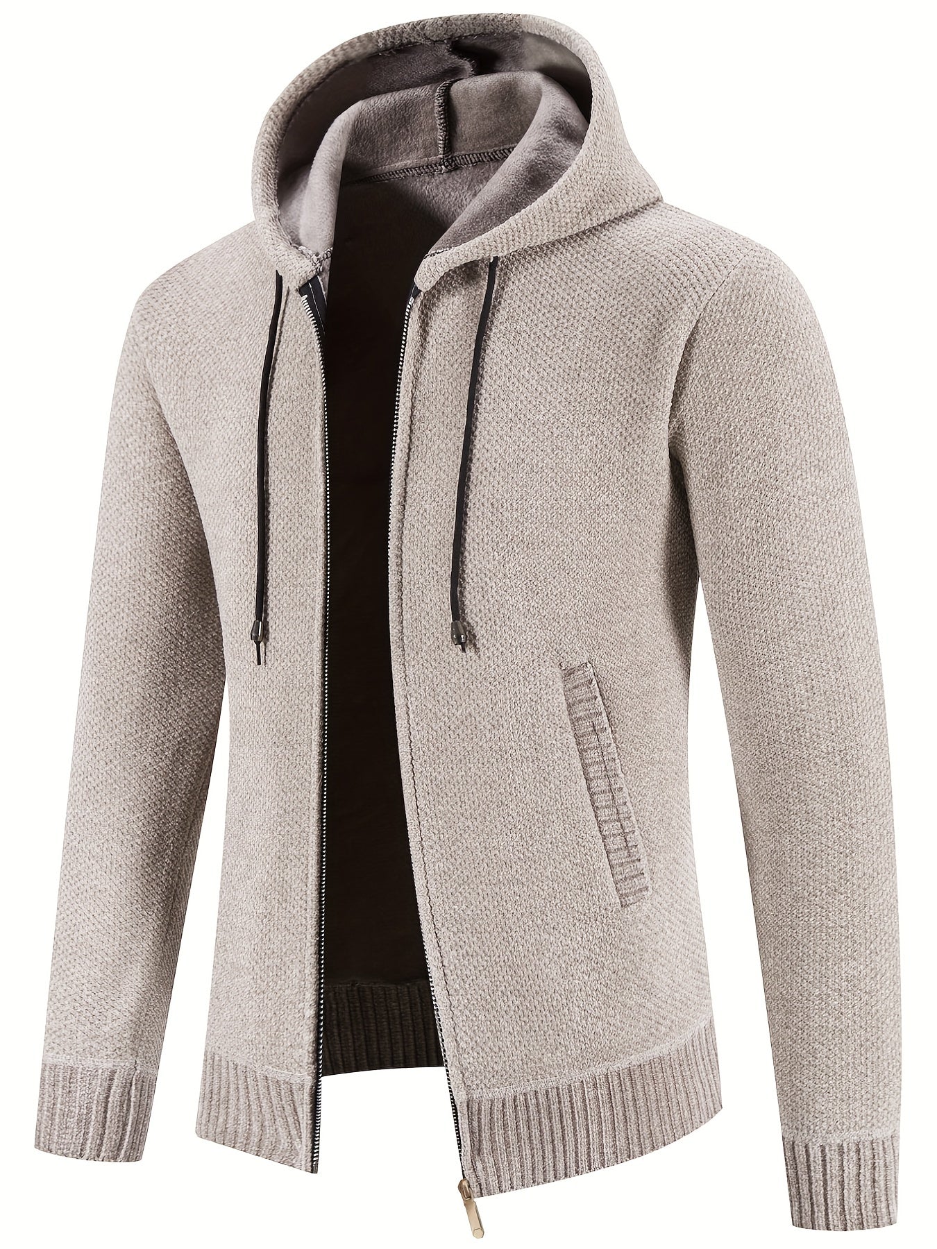 Men's Hooded Fleece Jacket Zip Up Knitted Cardigan