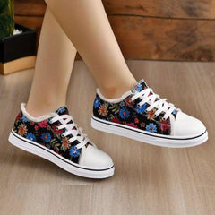 Women's Floral Pattern Flat Canvas Lace Up Low Round Toe Raw Trim Shoes