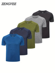 5 Pcs Men's Solid Short Sleeve Quick Dry T-Shirt for Gym Training