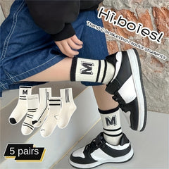 5 Pairs Kids Striped Crew Socks for Spring & Autumn