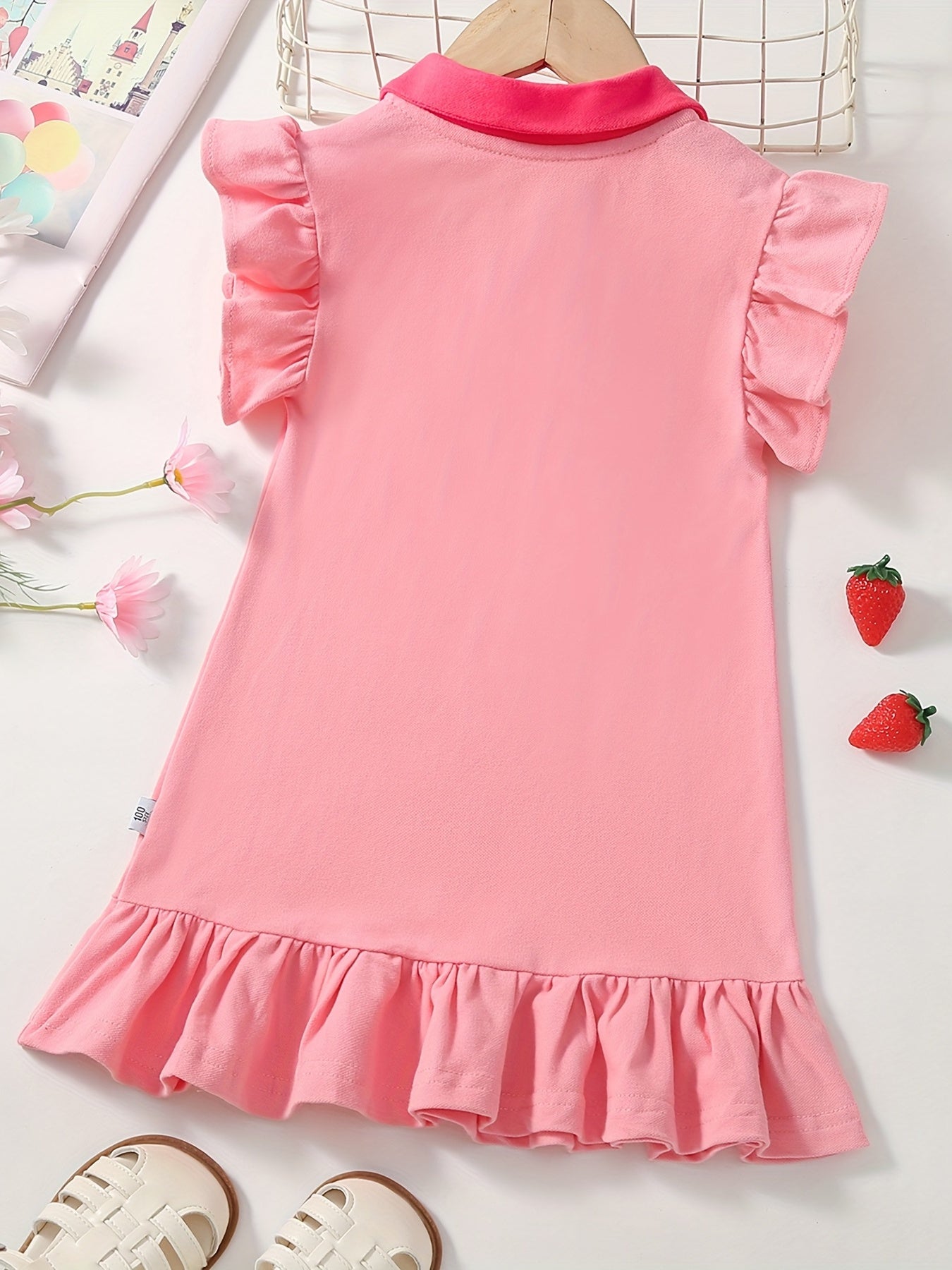 Girls Strawberry Embroidered Ruffle Trim Dress