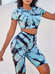 2pcs Tie Dye Sports Suits Short Sleeve Workout Top & High Stretch Shorts