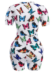Colorful Butterfly Print Lounge Bodysuit Short Sleeve Romper