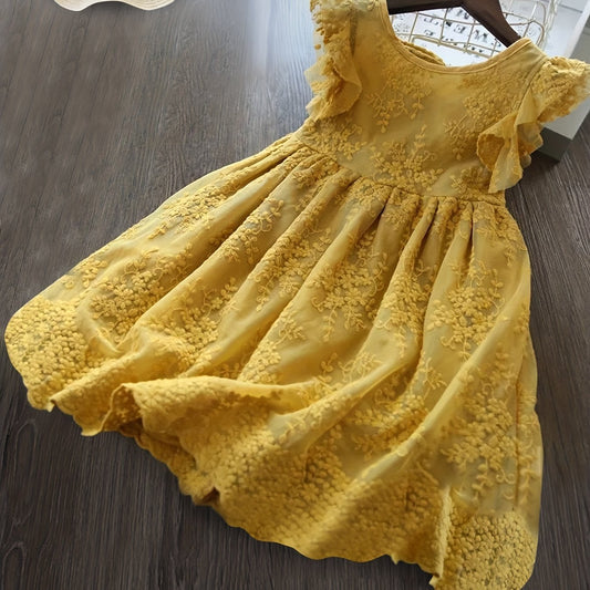 Toddler Girls Mesh Princess Dress Ruffle Trim Back Bow Flowers Embroidery
