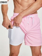 Men's Floral Pattern Print Sports Shorts with Zipper Pocket