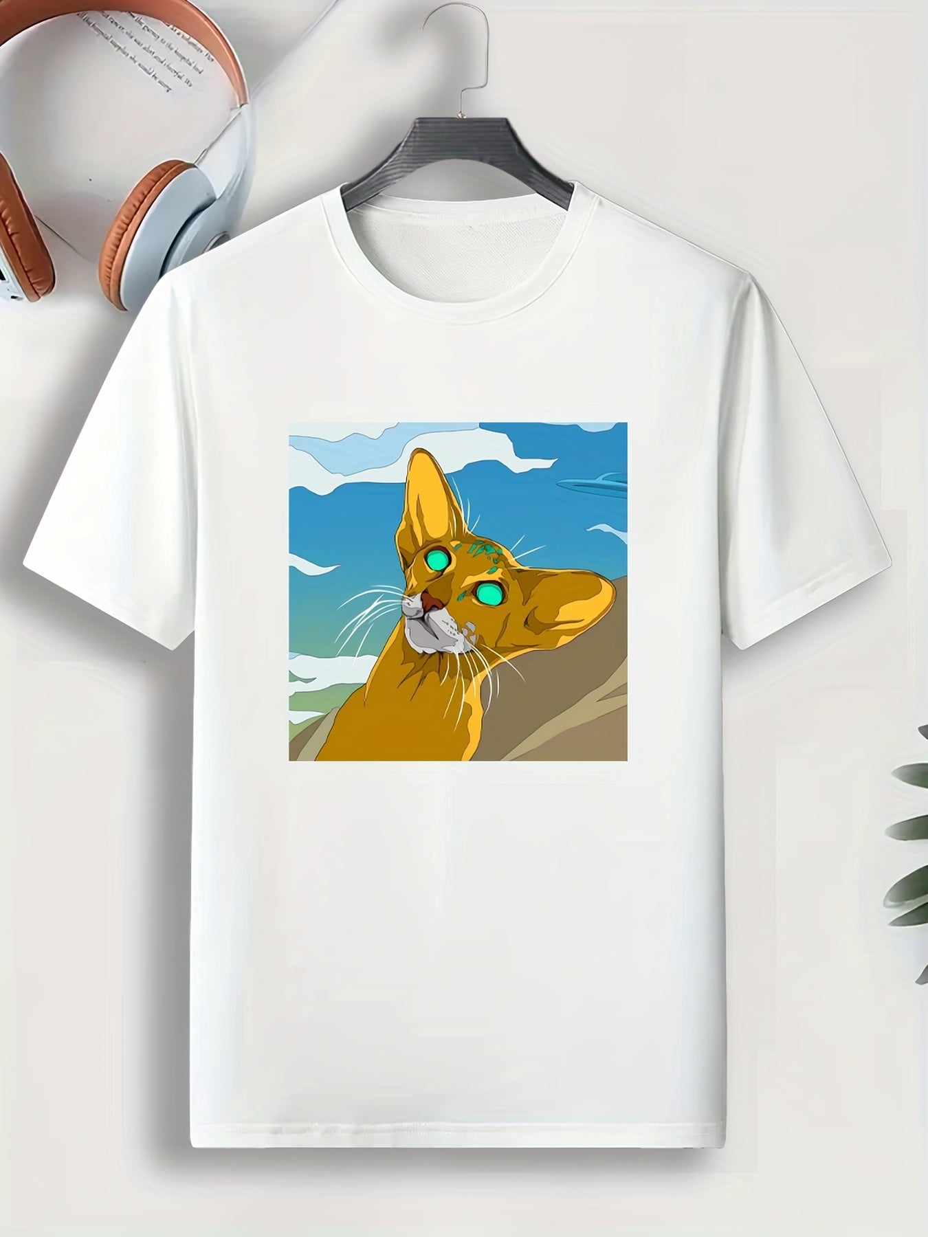 Men's Cartoon Cat Print Comfy T-shirt for Outdoor Gift