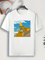 Men's Cartoon Cat Print Comfy T-shirt for Outdoor Gift