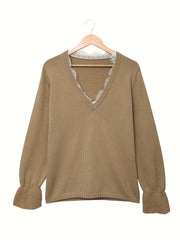 V Neck Lace Flounce Sleeve Sweater