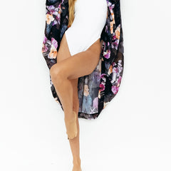 Floral Print Sheer Cover Up Shirt V Neck Long Sleeve Rash Guard Kimono
