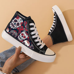 Skull & Flower Print Canvas High Top Sneakers