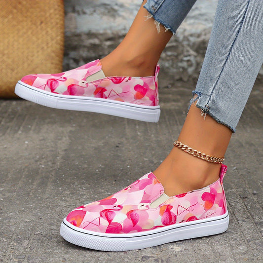 Flamingo Print Pink Flat Skate Shoes Soft Sole Slip On Sneakers