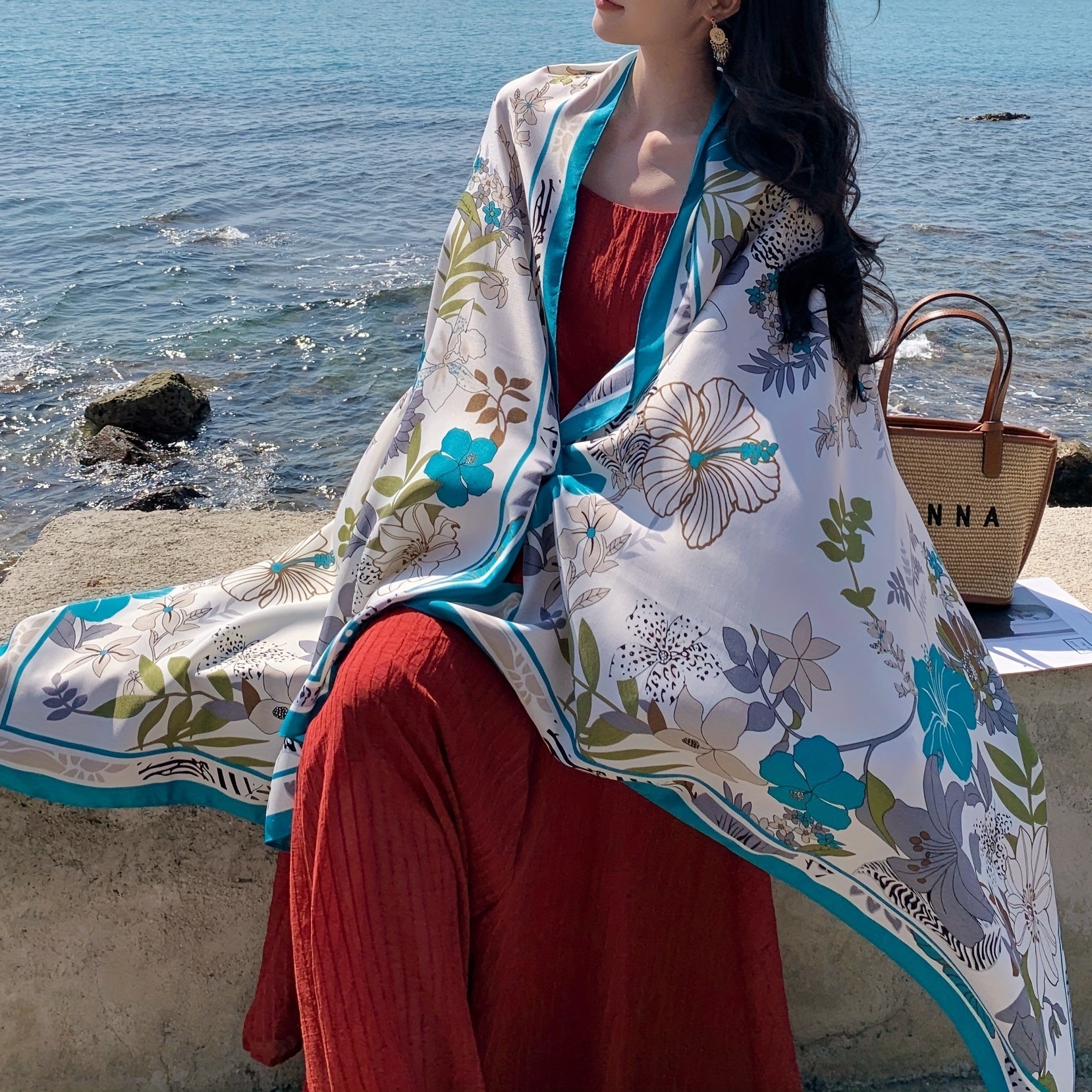 Flower Print Oversized Scarf Boho Tassel Shawl