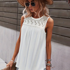 Lace Stitching Tank Top Solid Crew Neck