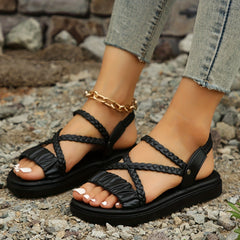 Women's Solid Pleated Sandals Cross Strap Lightweight Summer Shoes