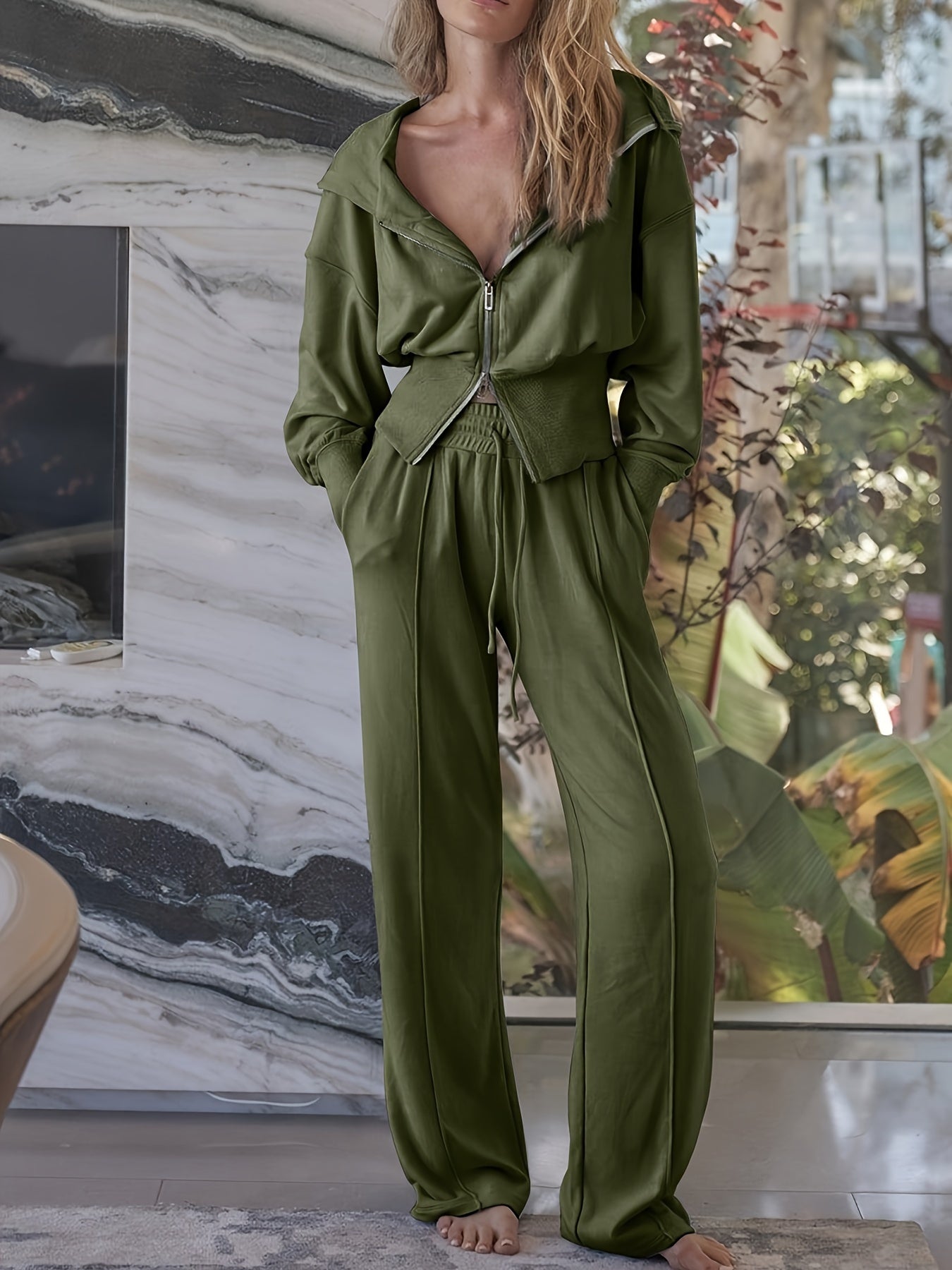 2pcs Women's Sports Set Zipper Hoodie & Wide Leg Pants Suit