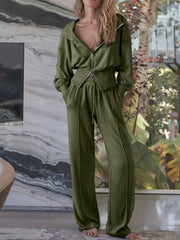 2pcs Women's Sports Set Zipper Hoodie & Wide Leg Pants Suit