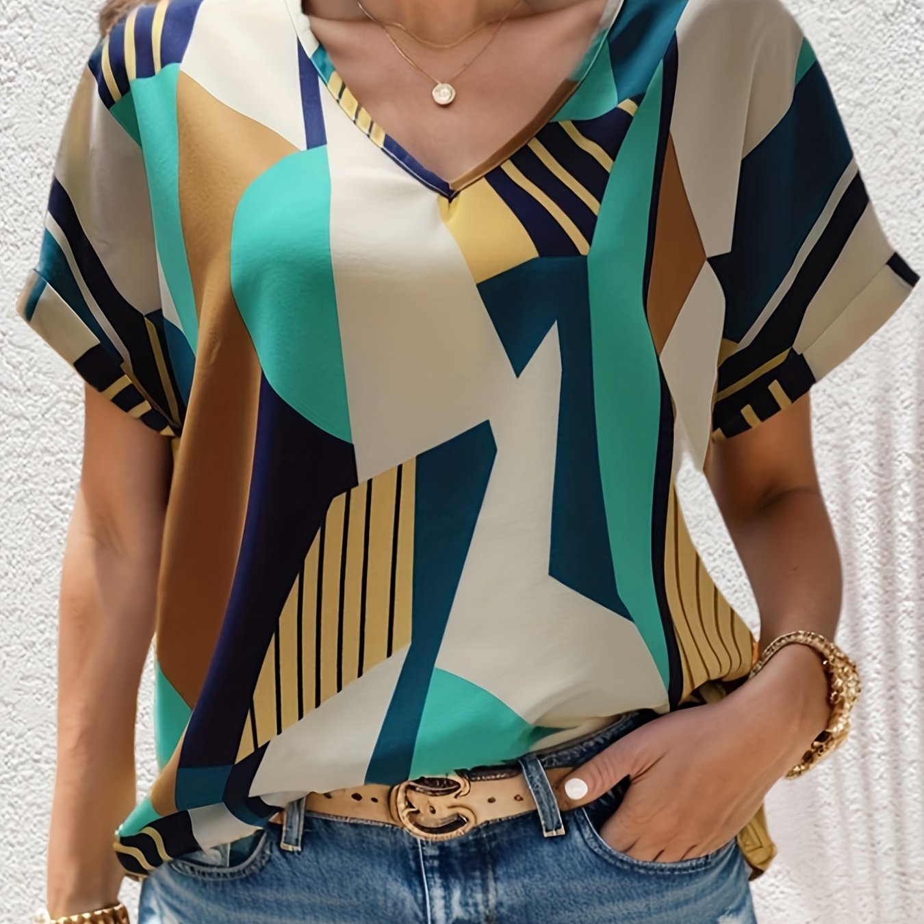 Colorblock Geometric Print V Neck Blouse