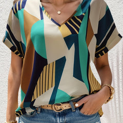 Colorblock Geometric Print V Neck Blouse