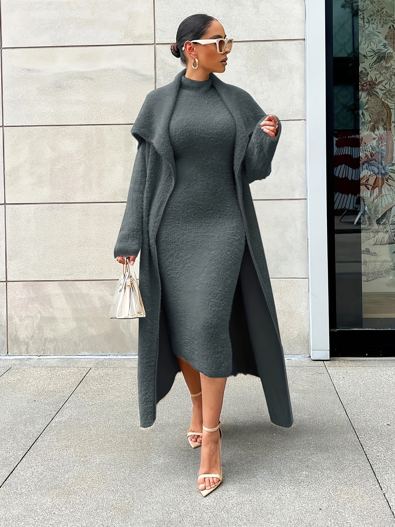 Flannel Shawl Cardigan & Mock Neck Dress Set