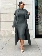 Flannel Shawl Cardigan & Mock Neck Dress Set