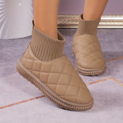 Women's Quilted Pattern Boots Slip On High Round Toe Warm Snow Fluffy Boots
