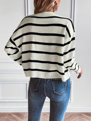 Striped Pattern Crew Neck Knitted Top Long Sleeve Pullover Sweater