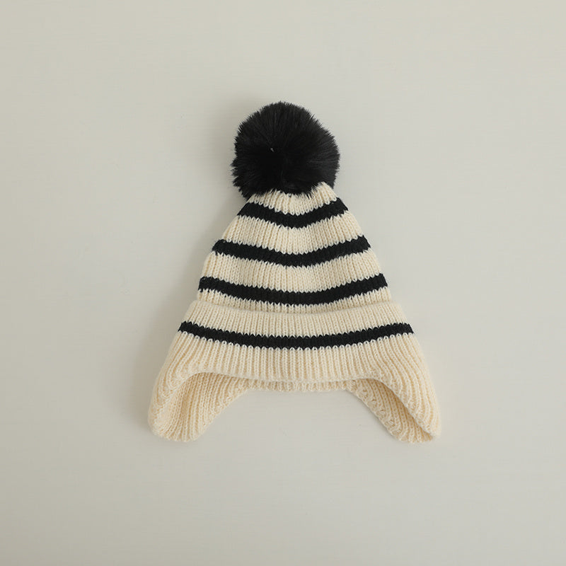Striped Wool Ball Knitted Hat for Baby Boy and Girl