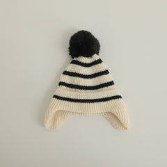 Striped Wool Ball Knitted Hat for Baby Boy and Girl