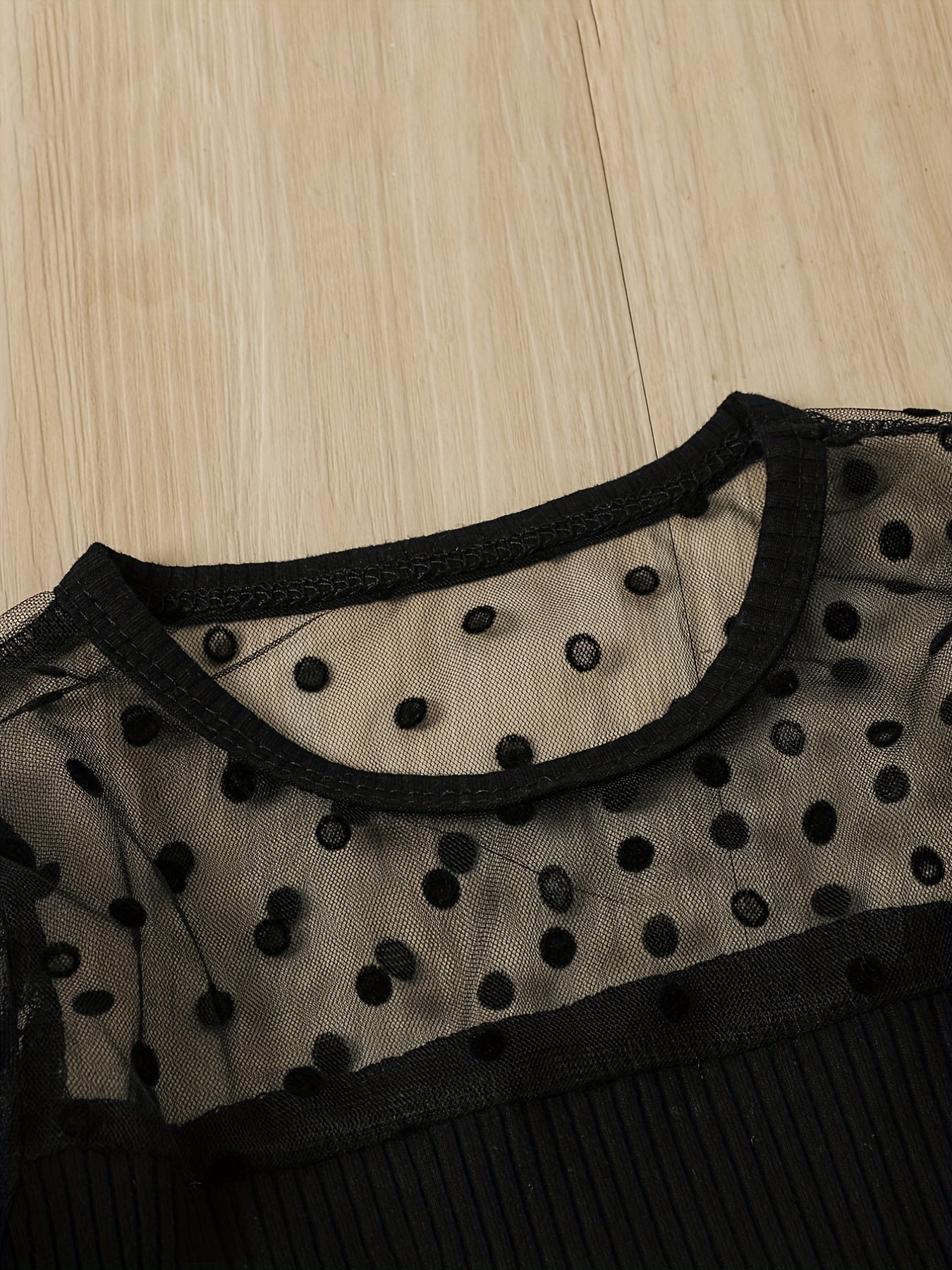 Girls Polka Dot Mesh Puff Sleeve Top & PU Leather Pant Set Spring Clothes